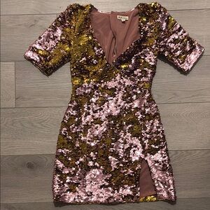 For Love & Lemons Sequin V-Neck Dress in Pink and Gold